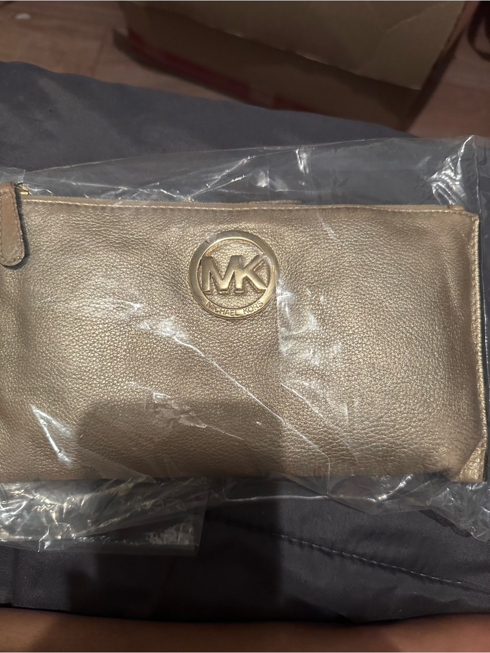 Michael Kors Metallic Gold Leather Zip Wallet with MK Emblem